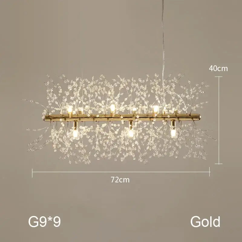 Gold-toned decorbites dandelion chandelier with delicate crystal branches and nine g9 bulbs for living room lighting