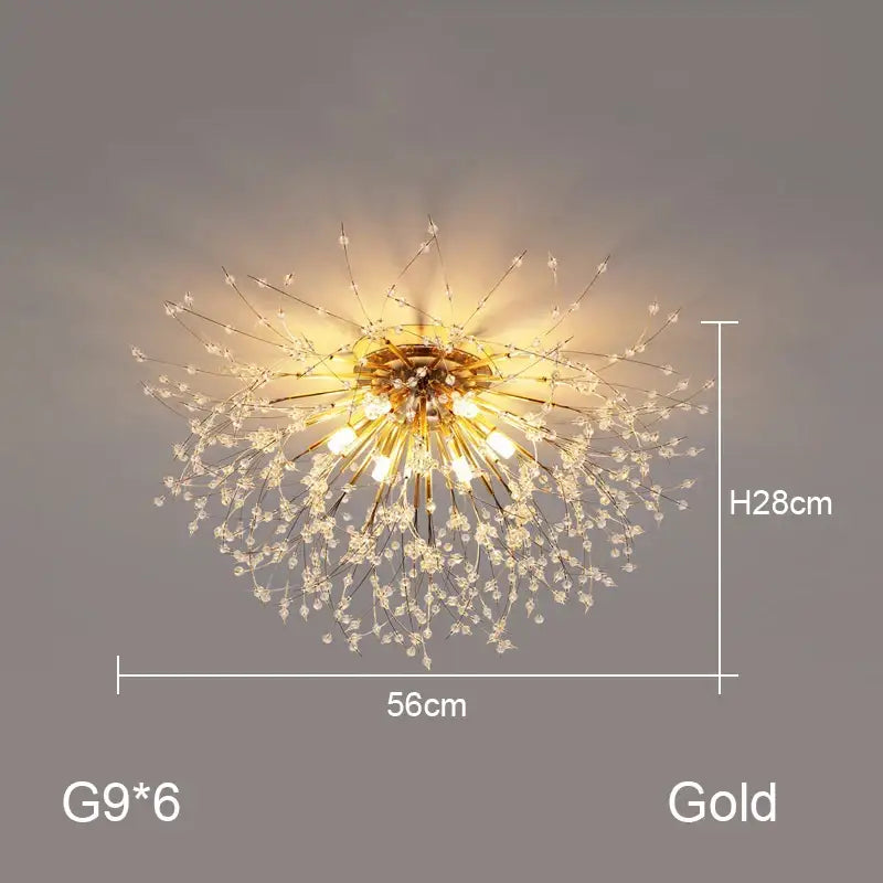 Gold decorbites dandelion chandelier with six g9 bulbs and crystal strands for elegant living room lighting