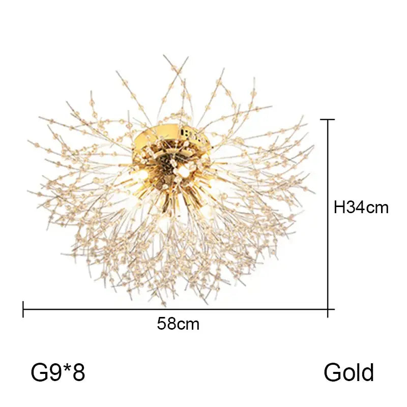 Gold-colored decorbites dandelion chandelier with crystal accents and eight g9 bulbs for elegant living room lighting