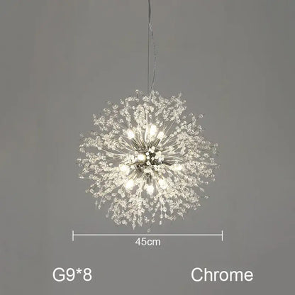 Chrome-finished decorbites dandelion chandelier with sparkling crystal accents and eight g9 bulbs for living room lighting