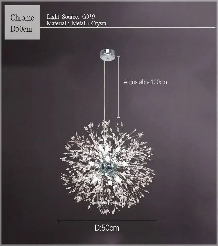 Chrome decorbites dandelion chandelier with crystal accents and 50cm diameter for elegant living room decor