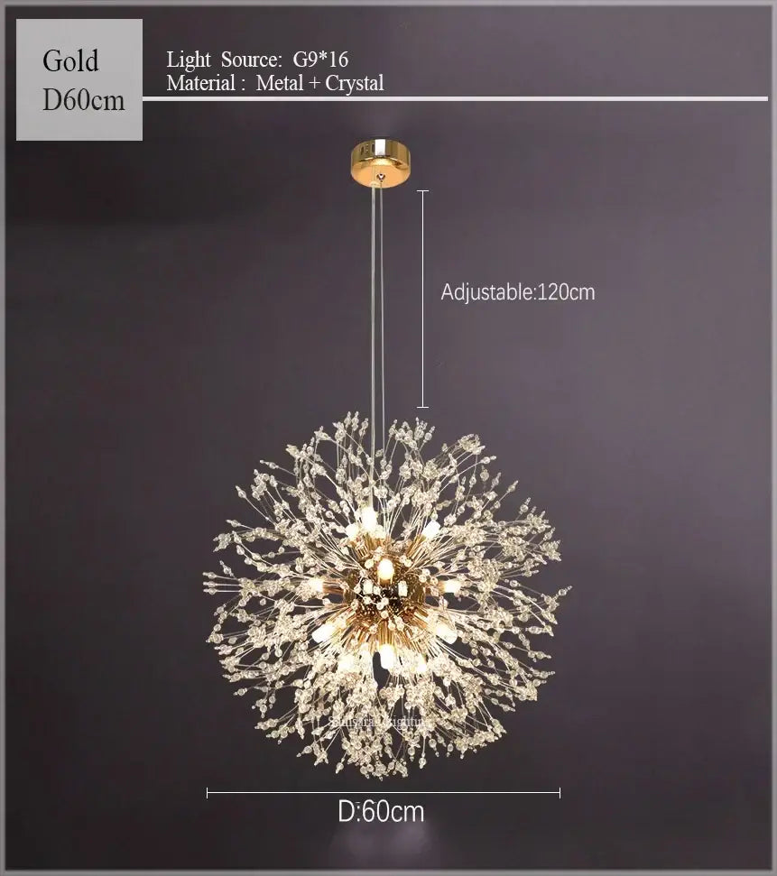 Gold decorbites dandelion chandelier with crystal accents and metal frame for living room sparkle ball lighting