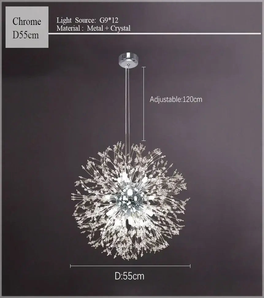 Chrome decorbites dandelion chandelier with spherical metal and crystal design featuring 12 g9 lights for living room