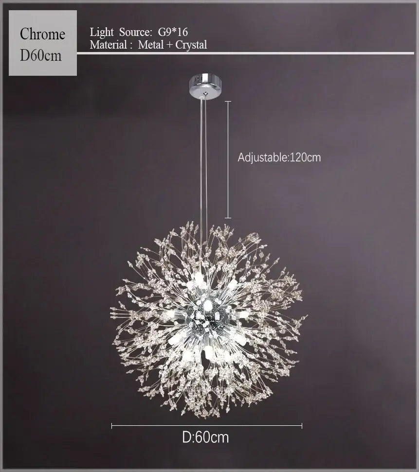 Chrome metal and crystal decorbites dandelion chandelier with 16 g9 bulbs gold crystal sparkle ball for living room