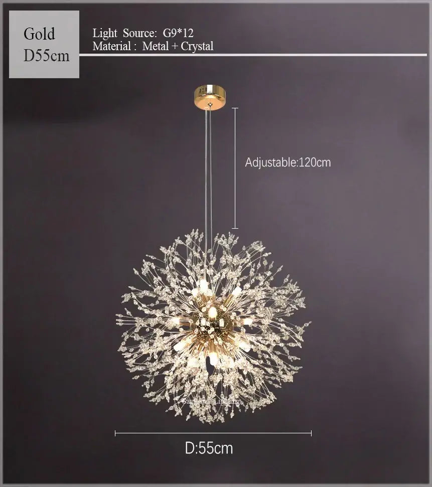 Gold-colored decorbites dandelion chandelier with metallic frame and crystal accents for living room sparkle ball design
