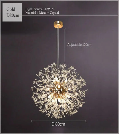 Gold-dusted decorbites dandelion chandelier with crystal filaments and 16 g9 bulbs for living room lighting