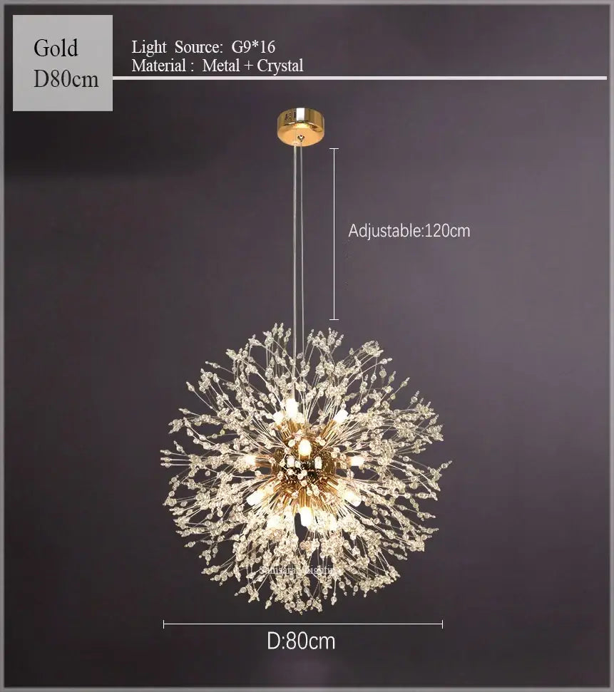 Gold-dusted decorbites dandelion chandelier with crystal filaments and 16 g9 bulbs for living room lighting