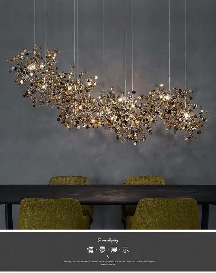 Golden intricate decorbites dandelion chandelier with branching foliage design and embedded lights for dining room use