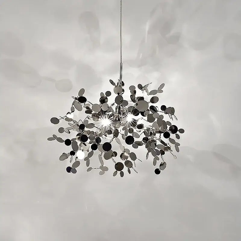 Silver metallic decorbites dandelion chandelier with modern organic circular and leaf-shaped elements for dining room lighting