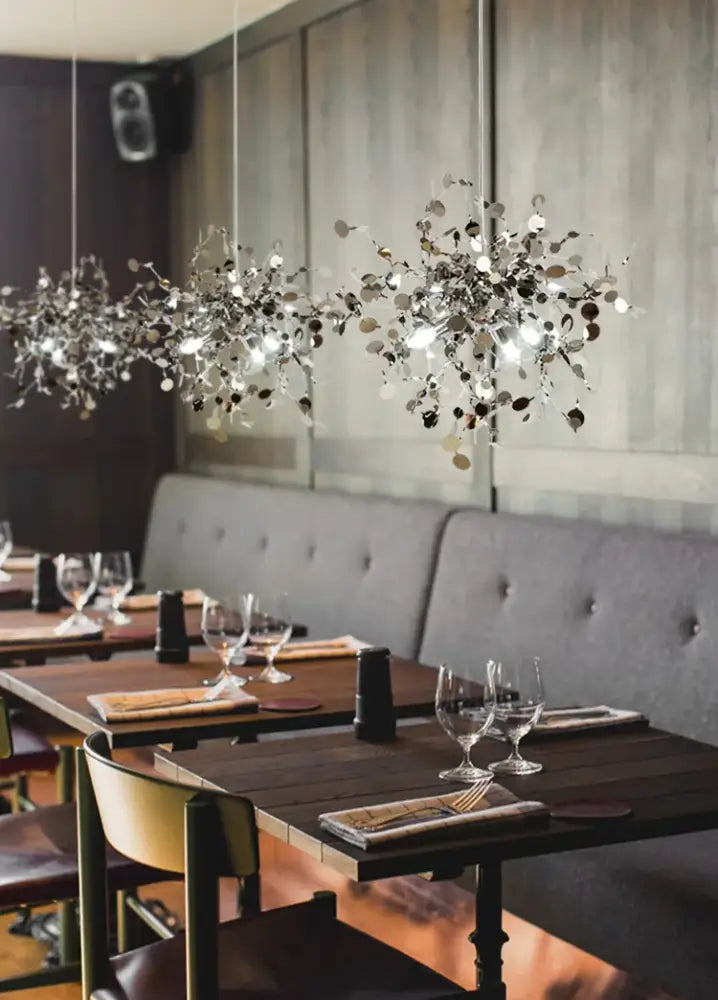 Decorbites dandelion chandelier gold metallic disc-shaped elements suspended from thin wires for dining room lighting