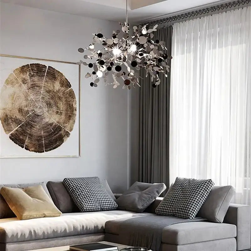 Silver and black metallic decorbites dandelion chandelier with modern leaf design for dining room lighting