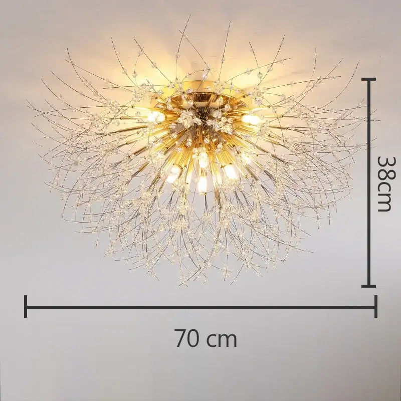 Gold-toned decorbites dandelion crystal led ceiling light with radial design and crystal-adorned arms for living room