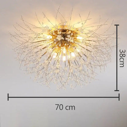 Gold-toned decorbites dandelion crystal led ceiling light with radial design and crystal-adorned arms for living room