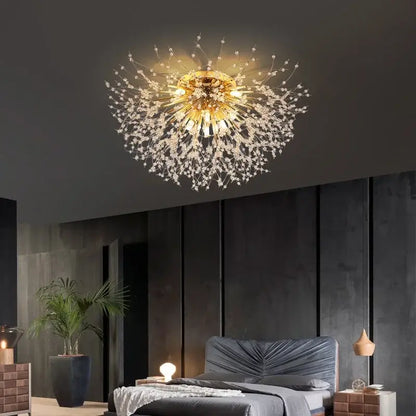 Gold-toned decorbites dandelion crystal led ceiling light with radiant flower design and clear crystal accents for living room