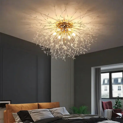 Gold-toned decorbites dandelion crystal led ceiling light with intricate crystal branches for living room decor