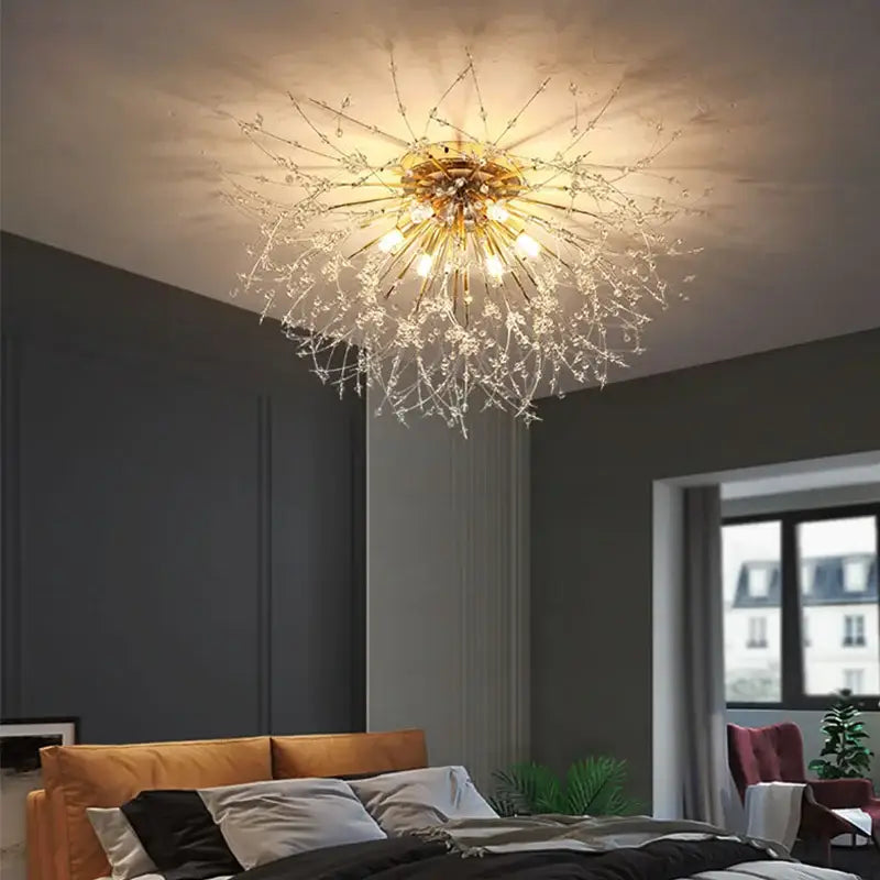Gold-toned decorbites dandelion crystal led ceiling light with intricate crystal branches for living room decor
