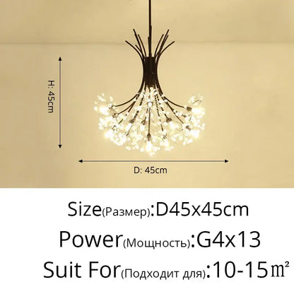 Black metal decorbites dandelion flower chandelier with delicate crystal clusters for living room lighting