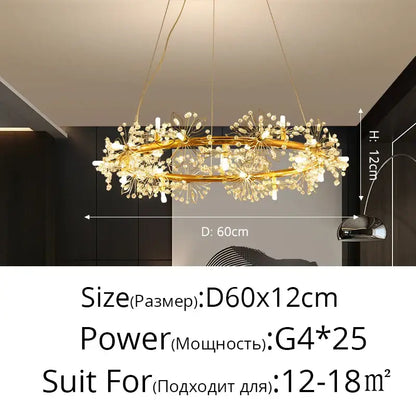 Gold-toned decorbites dandelion flower chandelier with intricate crystal embellishments in modern elegant design