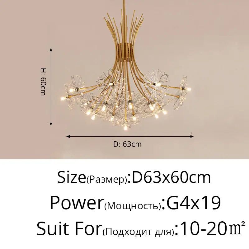 Gold-toned decorbites dandelion flower chandelier with crystal-encrusted fixtures and slender metallic arms for living room light