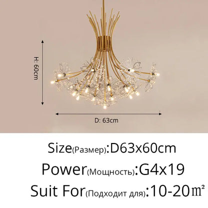 Gold-toned decorbites dandelion flower chandelier with crystal-encrusted fixtures and slender metallic arms for living room light