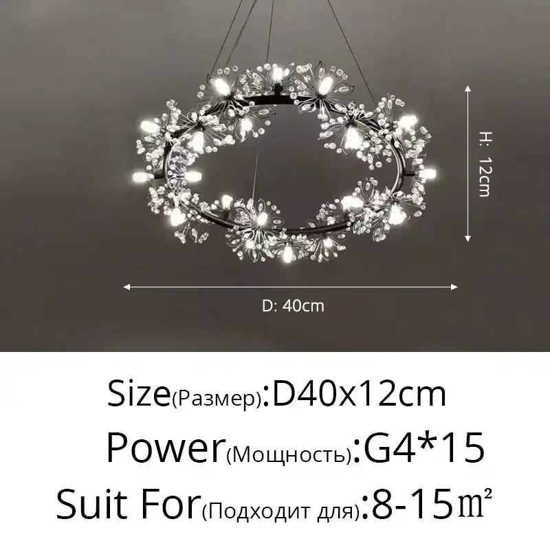 Modern decorbites dandelion flower chandelier with black metal frame and crystal led lights for living room lighting