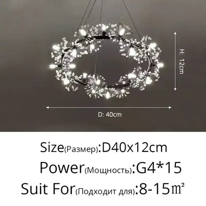 Modern decorbites dandelion flower chandelier with black metal frame and crystal led lights for living room lighting