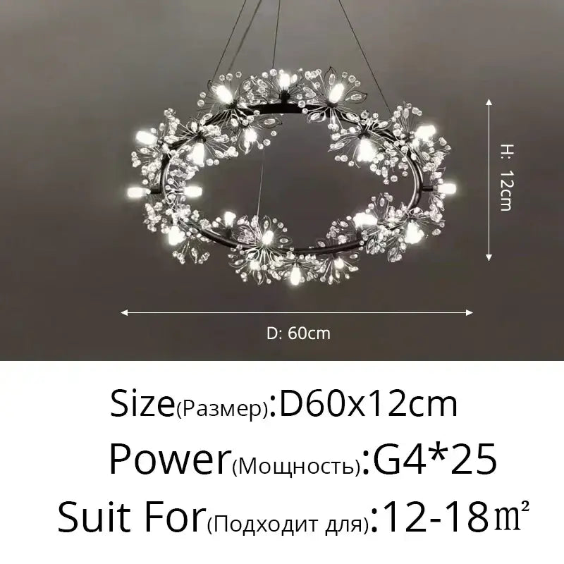 A modern decorbites dandelion flower chandelier with black metal frame crystal flowers and embedded led lights for living room
