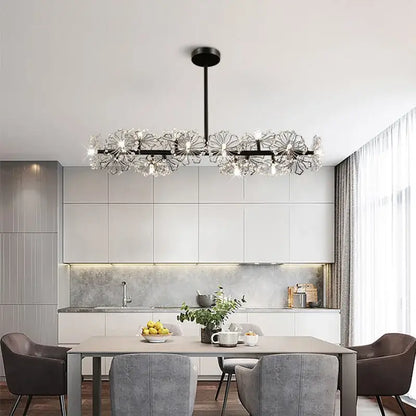 Modern black metal decorbites dandelion flower chandelier with crystal flower fixtures and exposed bulbs for living room lighting