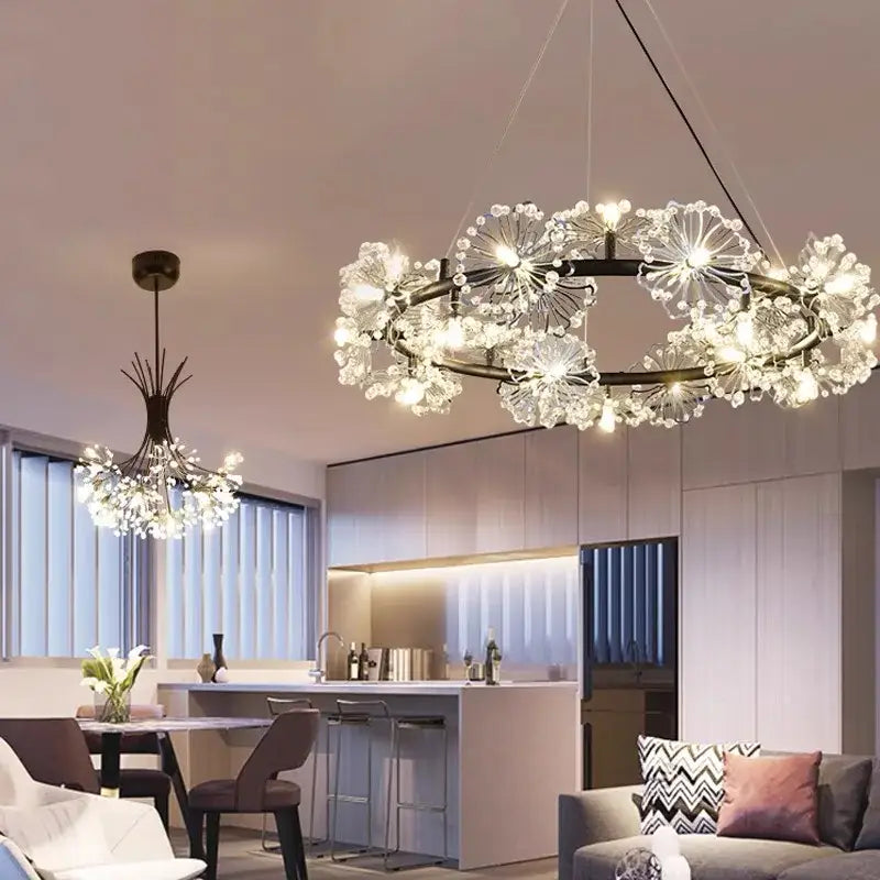 Modern decorbites dandelion flower chandelier with black metal frame and clear crystal clusters for living room lighting