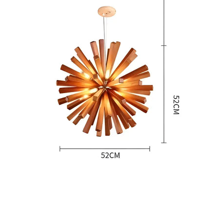 A warm-toned decorbites dandelion wooden pendant light with 52cm diameter and radiating wooden slats for dining room