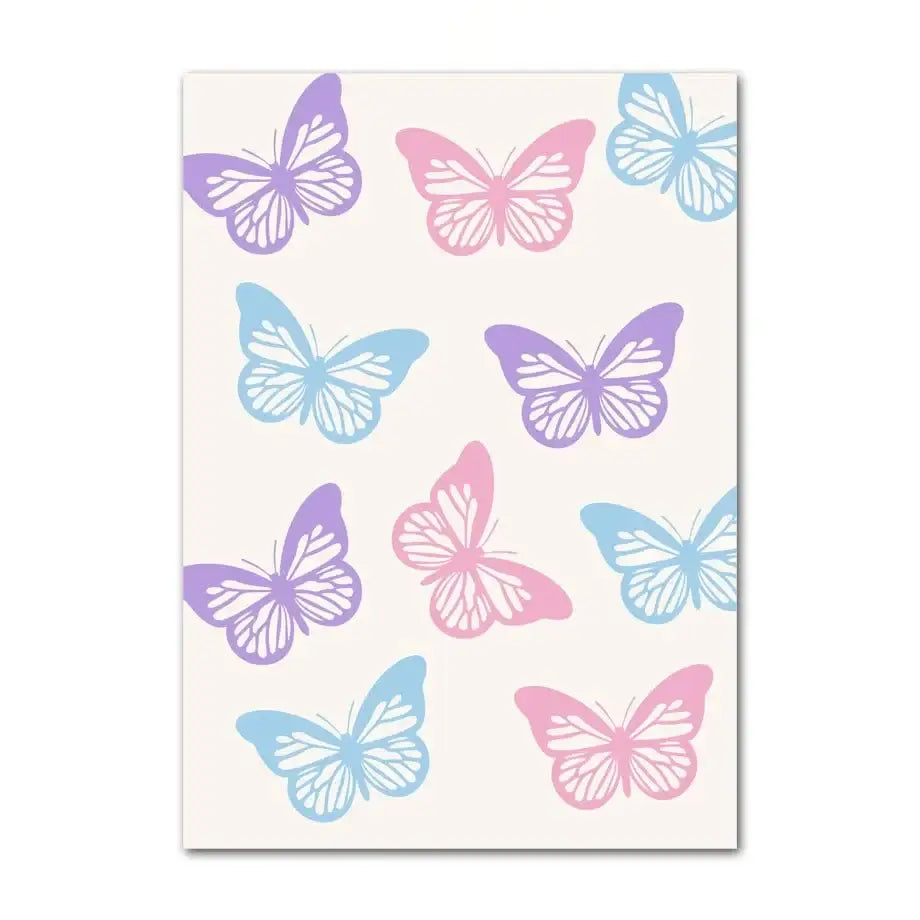 Decorbites danish pastel smiley flower wall art print featuring pastel butterfly-patterned decal in soft pink lavender and blue