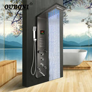 Black ouboni decorbites dark grey led shower panel with rainfall spa jets chrome accents and digital display