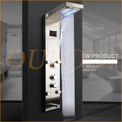 Decorbites dark grey led shower panel with chrome finish rainfall spa jets and integrated led lighting for bathroom use