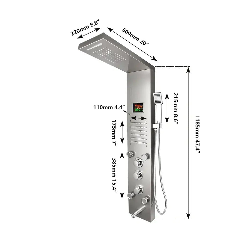 Stainless steel decorbites dark grey led shower panel with rainfall spa jets, multiple knobs, and handheld showerhead