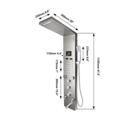 Stainless steel decorbites dark grey led shower panel with rainfall spa jets, multiple knobs, and handheld showerhead