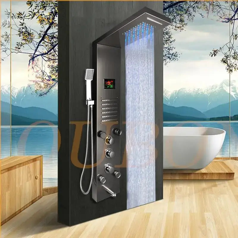 Modern black and chrome decorbites dark grey led shower panel with large rainhead multiple control knobs and digital display