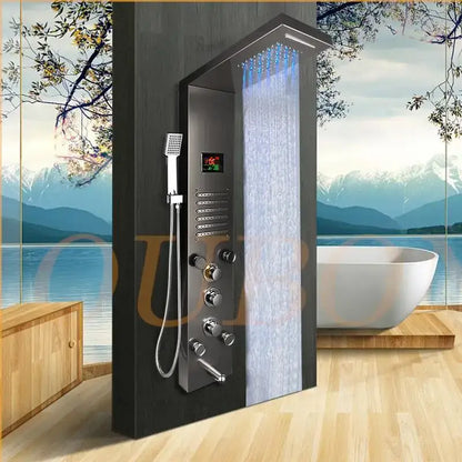 Modern black and chrome decorbites dark grey led shower panel with large rainhead multiple control knobs and digital display