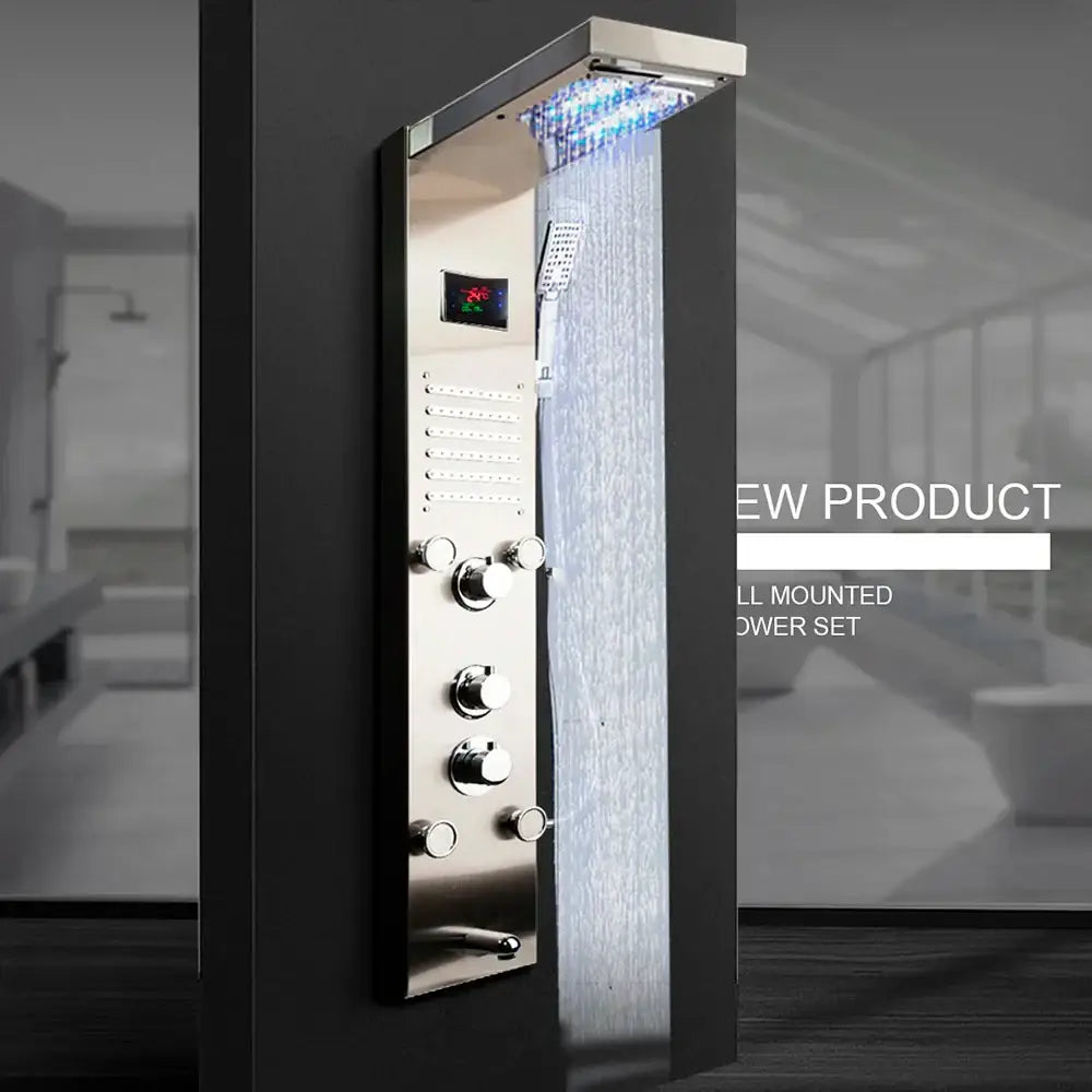 Decorbites dark grey led shower panel with chrome finish rainfall spa jets and multiple spray settings for bathrooms