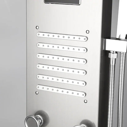 Chrome-finished decorbites dark grey led shower panel with five horizontal led light rows and modern sleek design