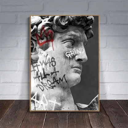 Decorbites™ david graffiti art canvas print featuring black-and-white classical statue head with red tags in light wood frame