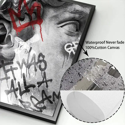 Decorbites™ david graffiti art canvas print featuring black and white stylized face with red accents in black frame