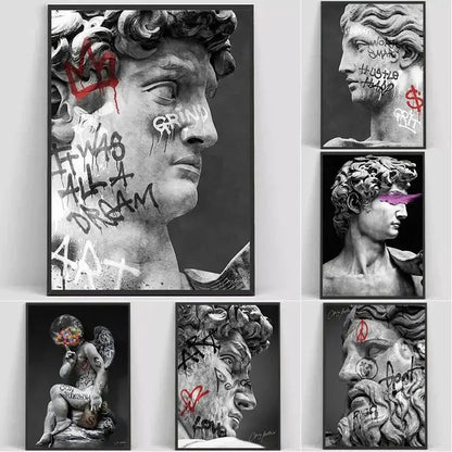 Black-and-white framed graffiti art canvas print featuring classical statues with vibrant color accents for room decor