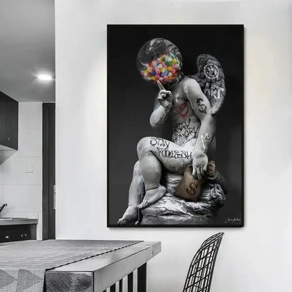 Black-and-white DecorBites™ David graffiti art canvas print featuring cherub with colorful gumball machine head and graffiti markings