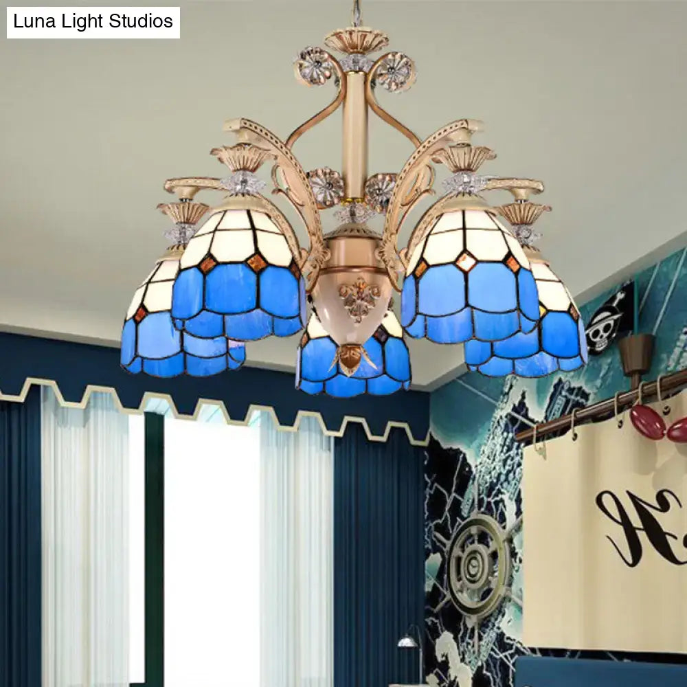 DecorBites™ dazzling baroque chandelier light fixture in blue and white stained glass with gold-toned metal arms