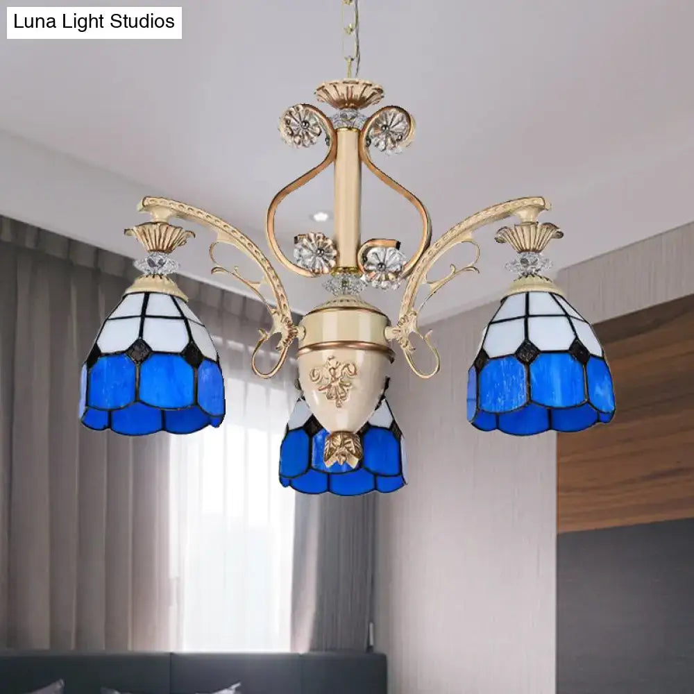 Decorbites dazzling baroque chandelier light fixture in blue and white stained glass with gold ornate metalwork and cut glass pendants