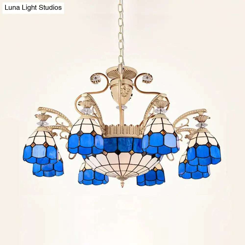DecorBites™ dazzling Baroque chandelier light fixture in blue and white stained glass with gold-toned metal accents