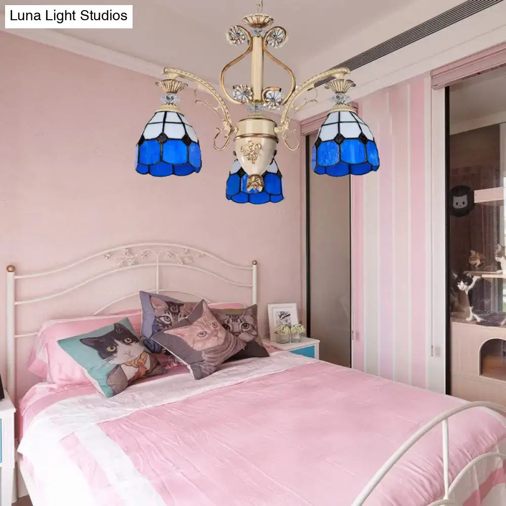 Decorbites dazzling baroque chandelier light fixture in blue and white stained glass with gold-toned metal arms