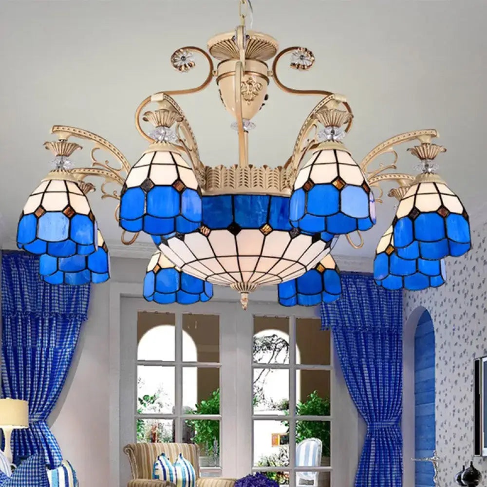 DecorBites dazzling Baroque chandelier light fixture in blue and white stained glass with gold-toned metal arms and cut glass pendants