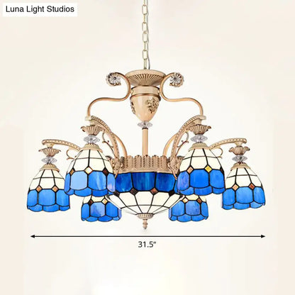 DecorBites dazzling baroque chandelier light fixture in blue and white stained glass with gold-toned metal accents