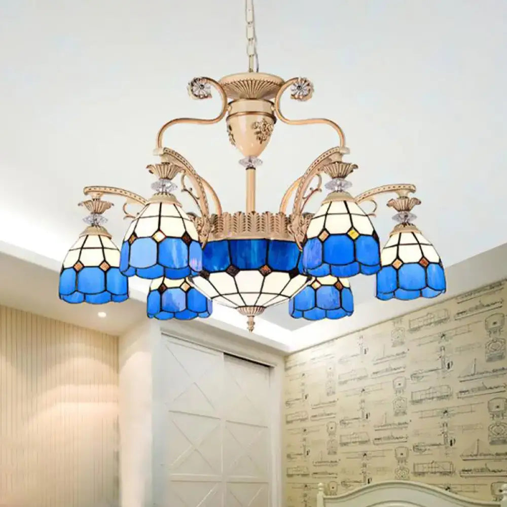 Decorbites dazzling baroque chandelier light fixture in blue and white stained glass with gold-toned metal arms